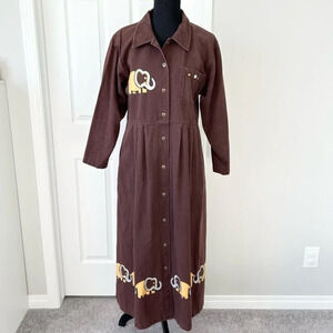 Vintage Brown Elephant Embossed Pattern Button Down Pleated Dress Made in Canada
